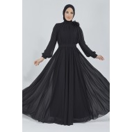 Çiçek Detaylı Tesettür Abiye Elbise -Siyah