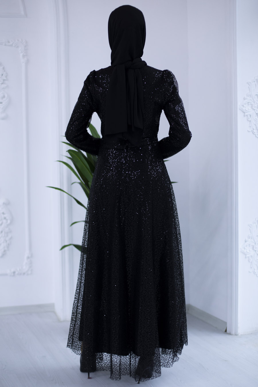 Payetli Abiye Elbise - Siyah