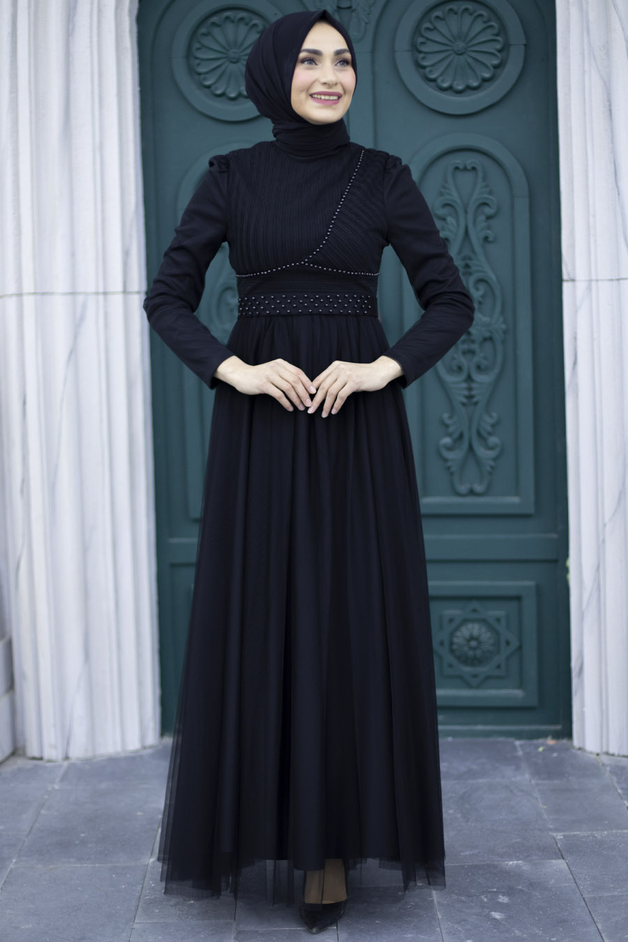 Taş Detaylı Tesettür Abiye Elbise - Siyah