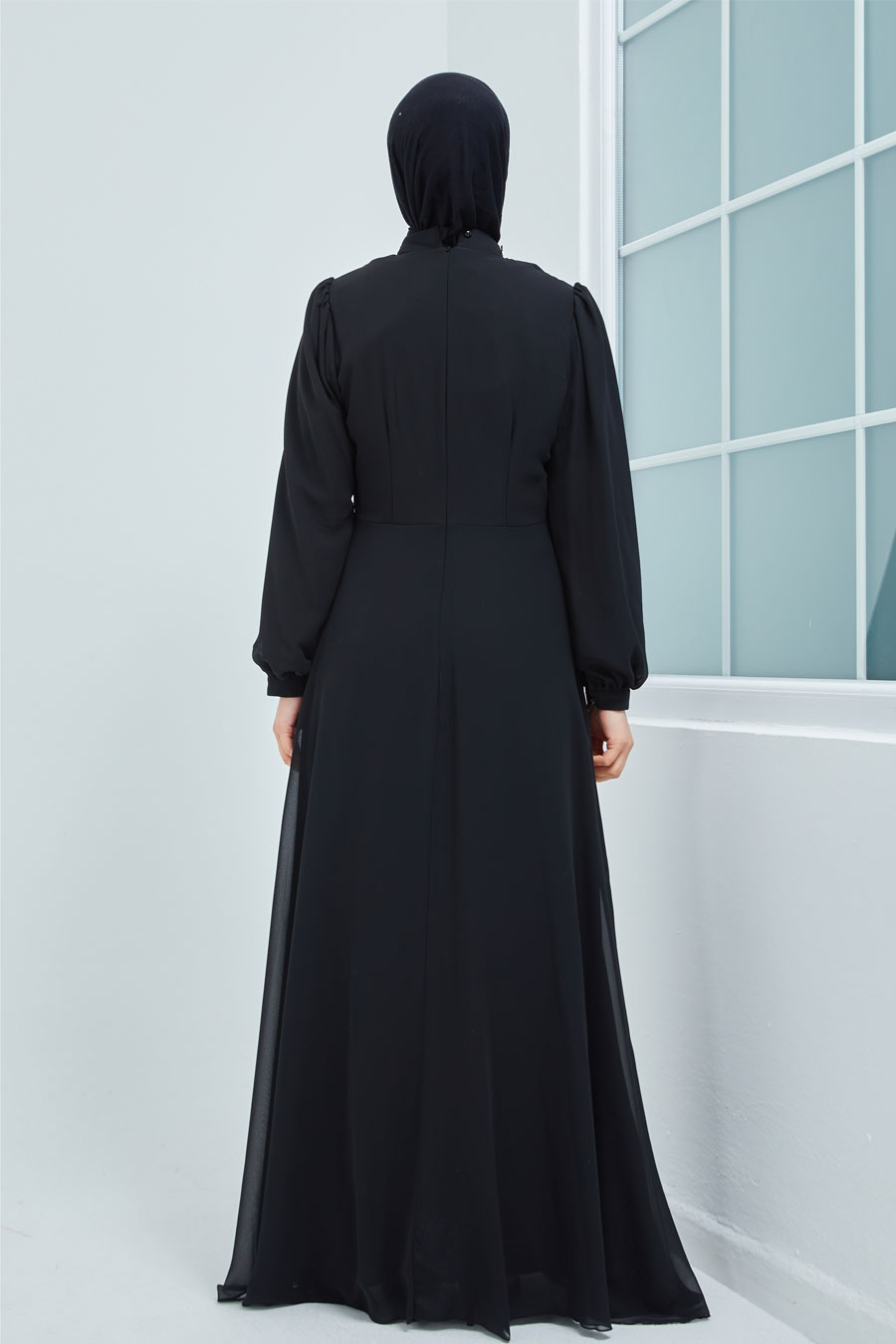Bel Detaylı Tesettür Abiye Elbise - Siyah