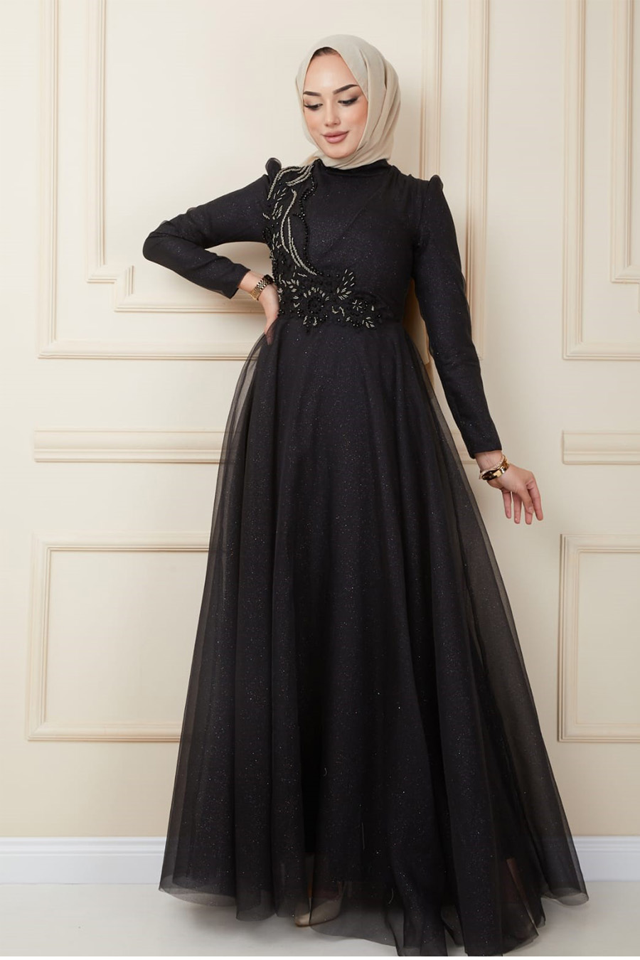 Taş Detaylı Simli Abiye Elbise - Siyah