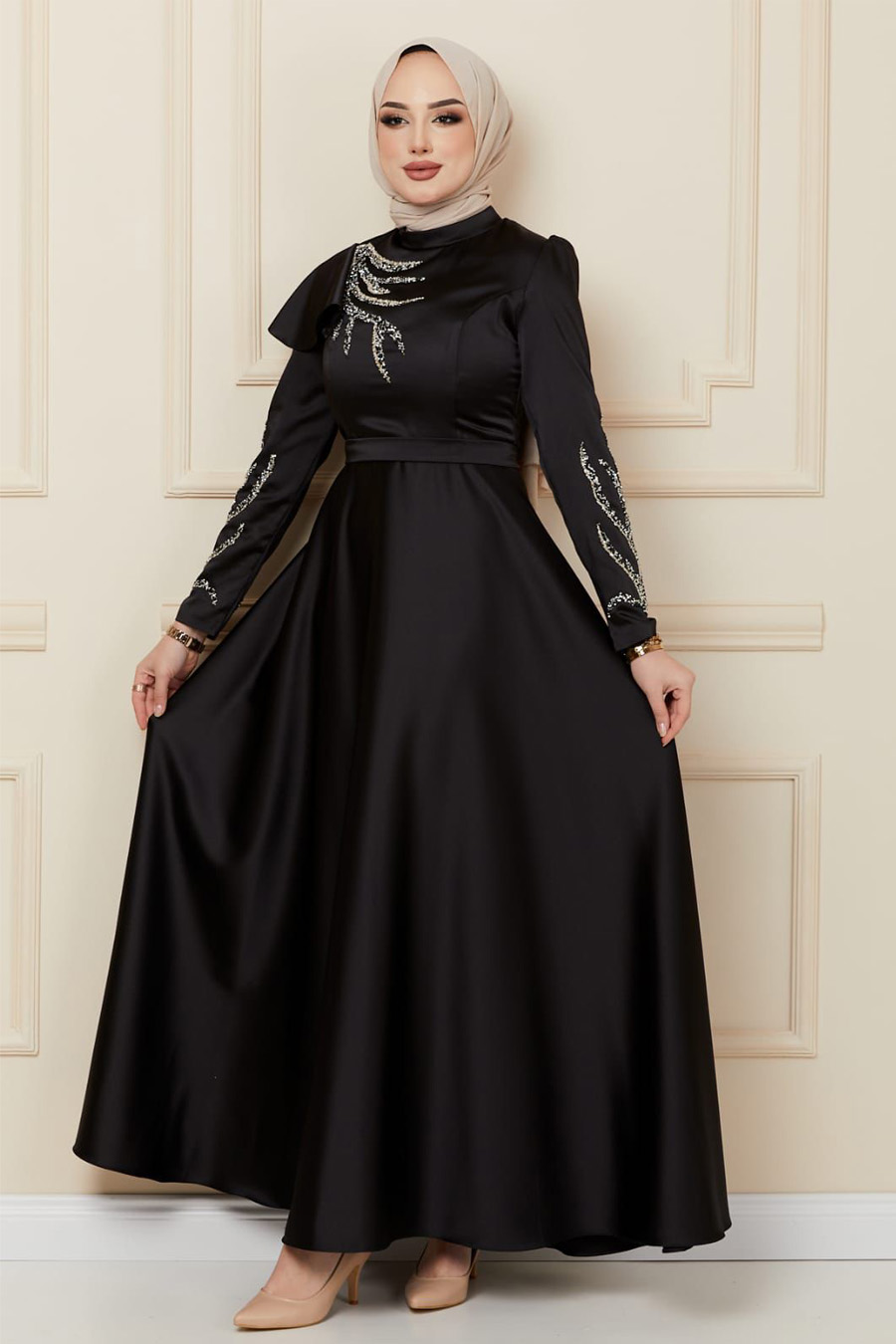 Taş Detaylı Abiye Elbise - Siyah 