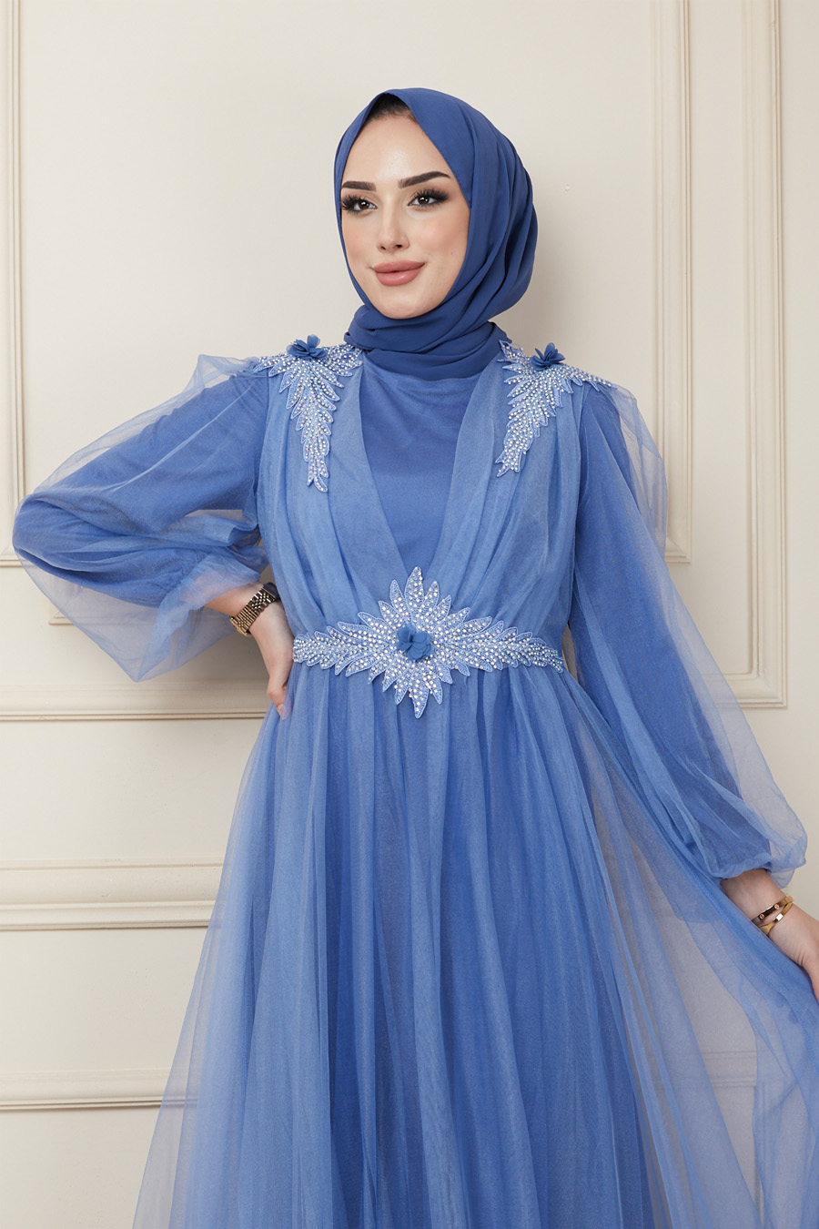 Bel ve Omuz Detaylı Abiye Elbise - Mavi