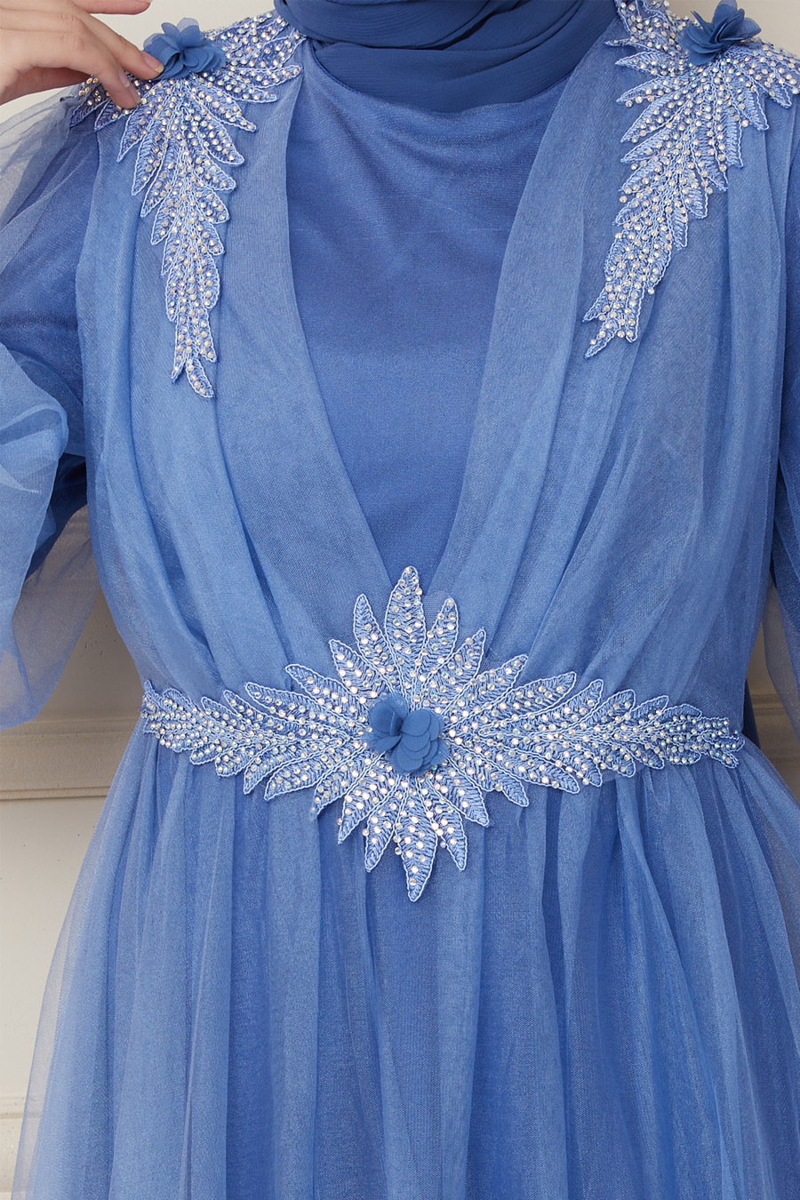 Bel ve Omuz Detaylı Abiye Elbise - Mavi