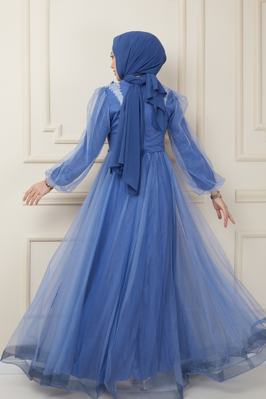 Bel ve Omuz Detaylı Abiye Elbise - Mavi