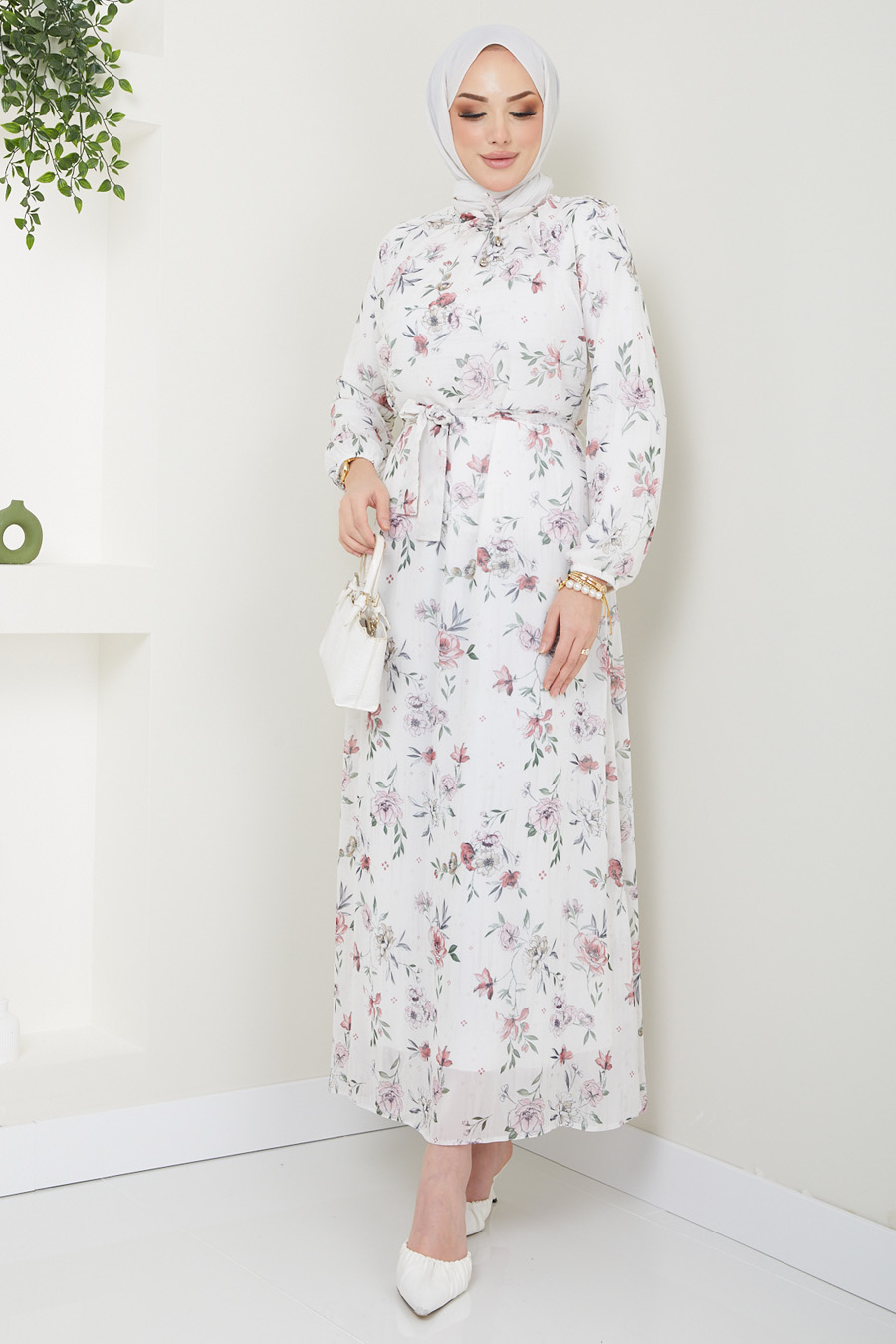 Flower Patterned Dress -  WHITE 