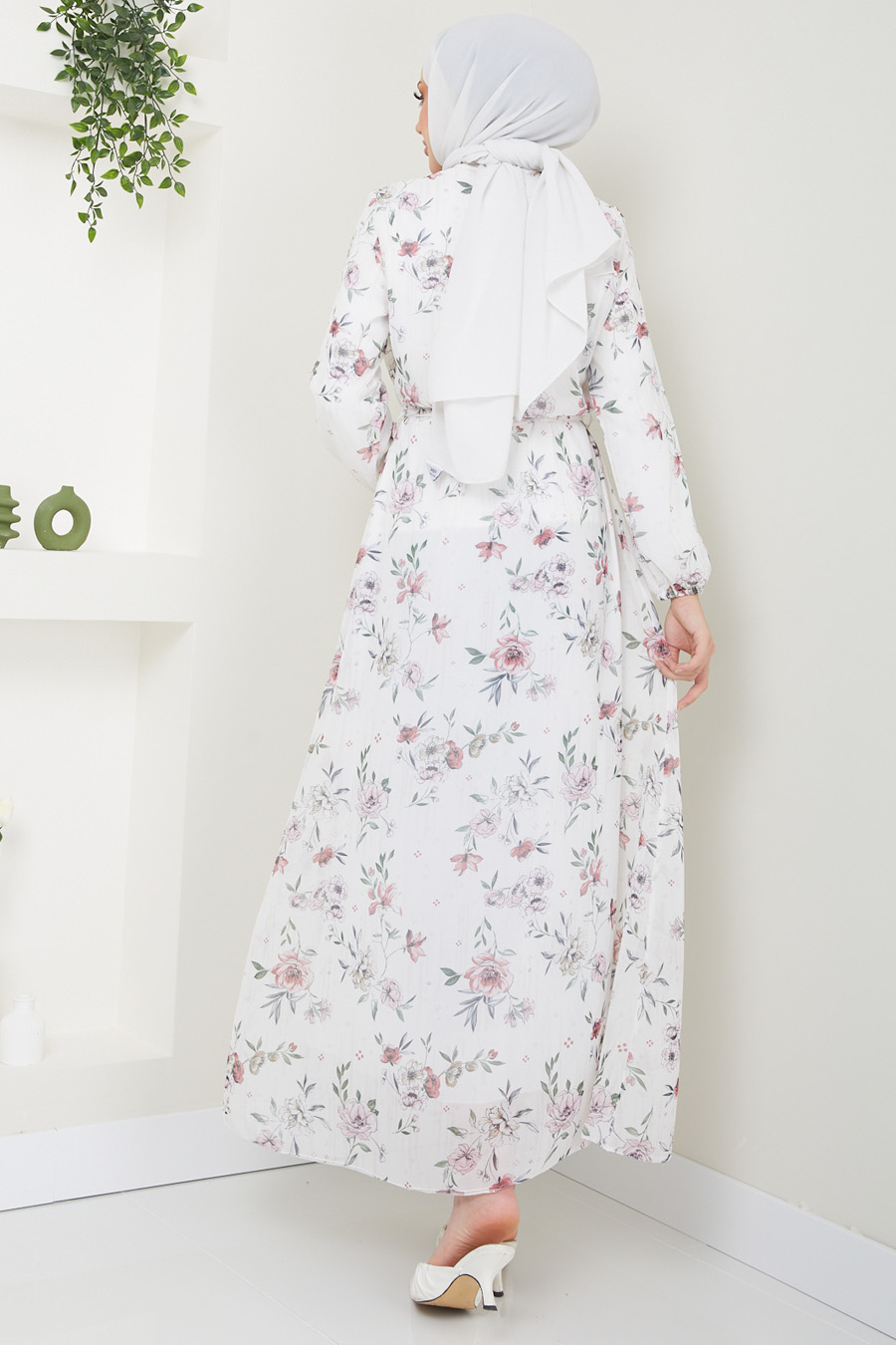 Flower Patterned Dress -  WHITE 
