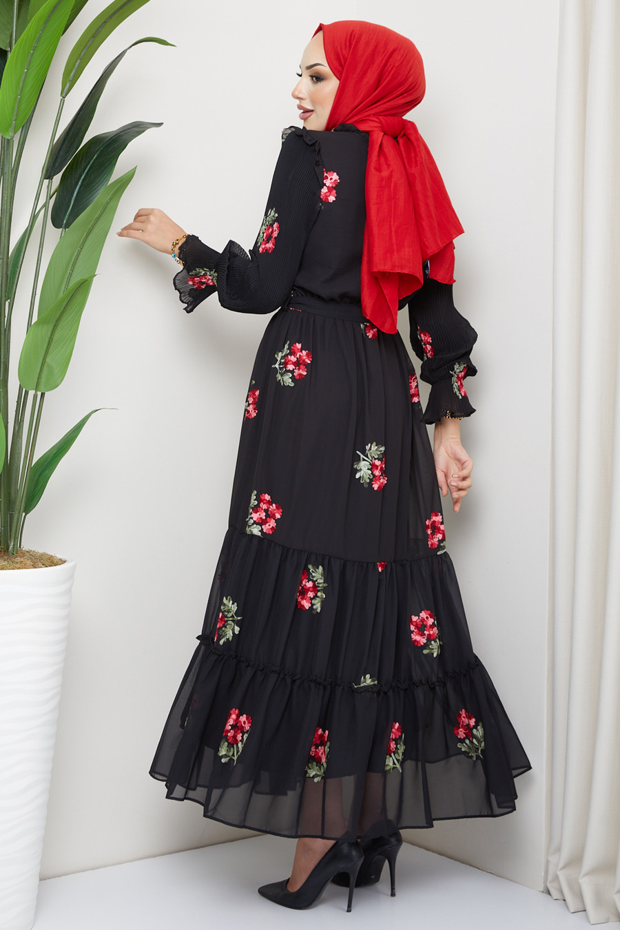 Flower Patterned  Dress - SİYAH 