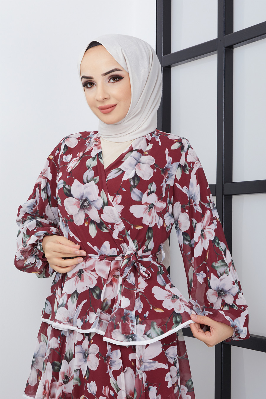 Fırfırlı Çiçek Desenli Elbise - Bordo Fırfırlı Çiçek Desenli Elbise - Bordo
