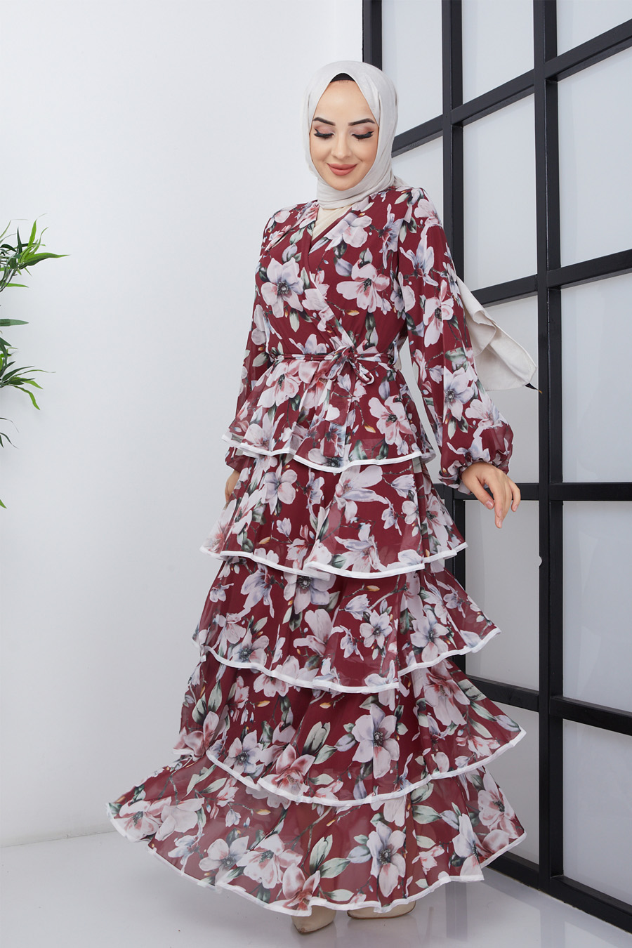 Fırfırlı Çiçek Desenli Elbise - Bordo