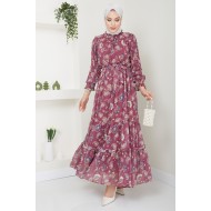 ÇİÇEK DESENLİ TESETTÜR ELBİSE - GÜL KURUSU