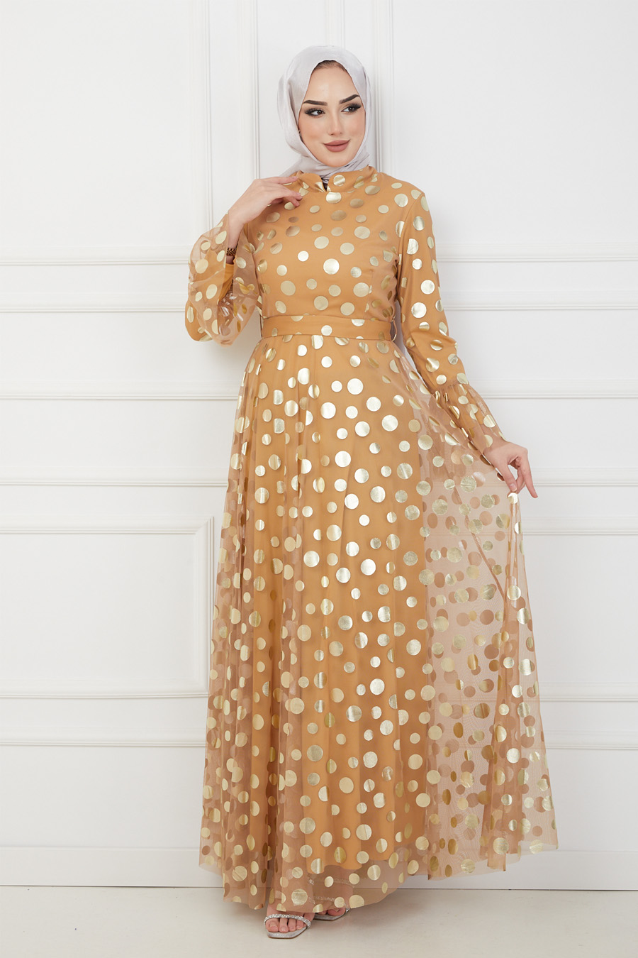 Puantiyeli Abiye Elbise - Gold