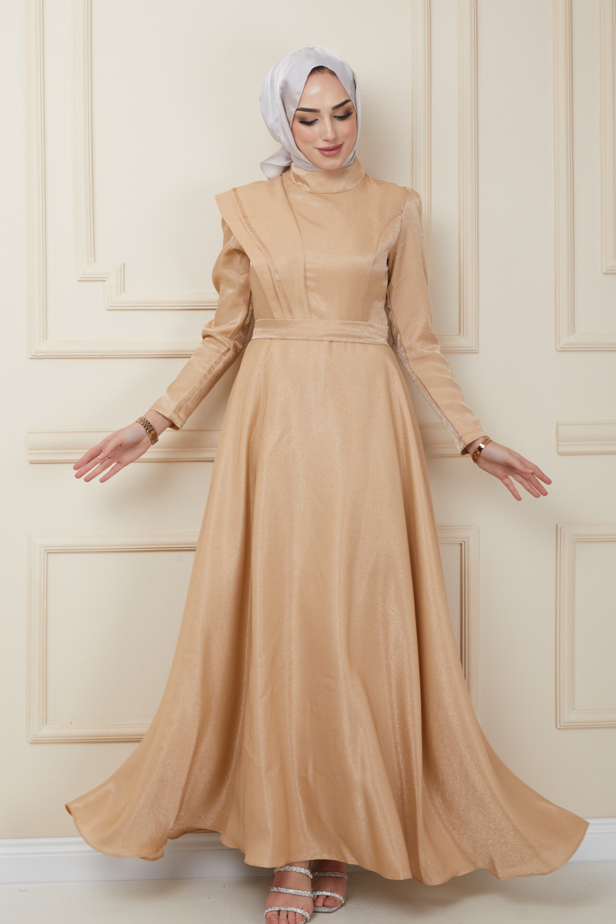 Omuz Detaylı Tesettür Abiye Elbise - Gold