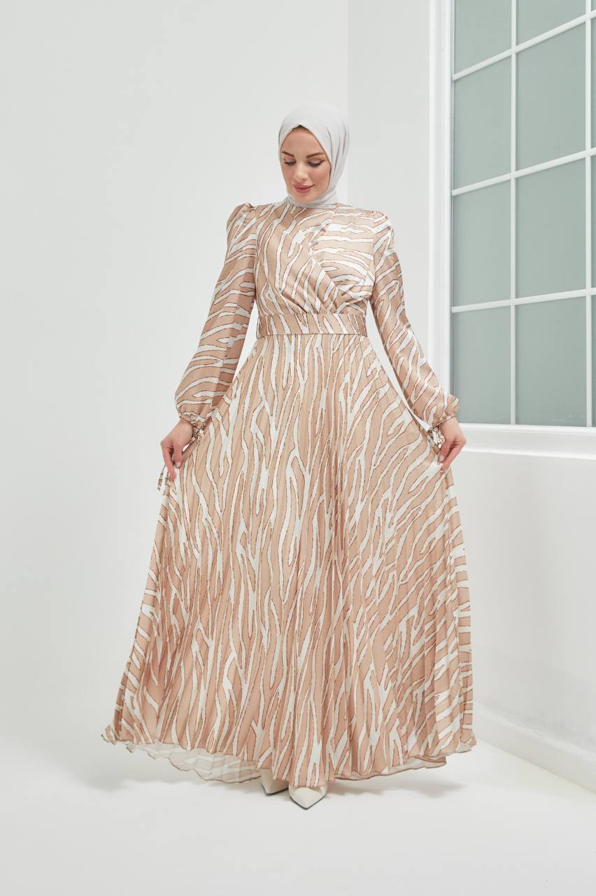 Zebra Desen Tesettür Abiye Elbise - Gold
