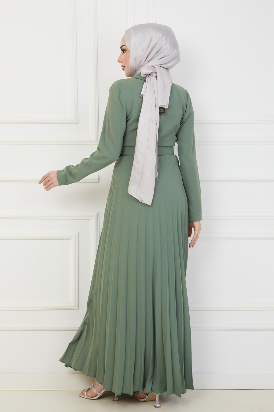 Kemerli Tesettür Elbise - Çağla Yeşili