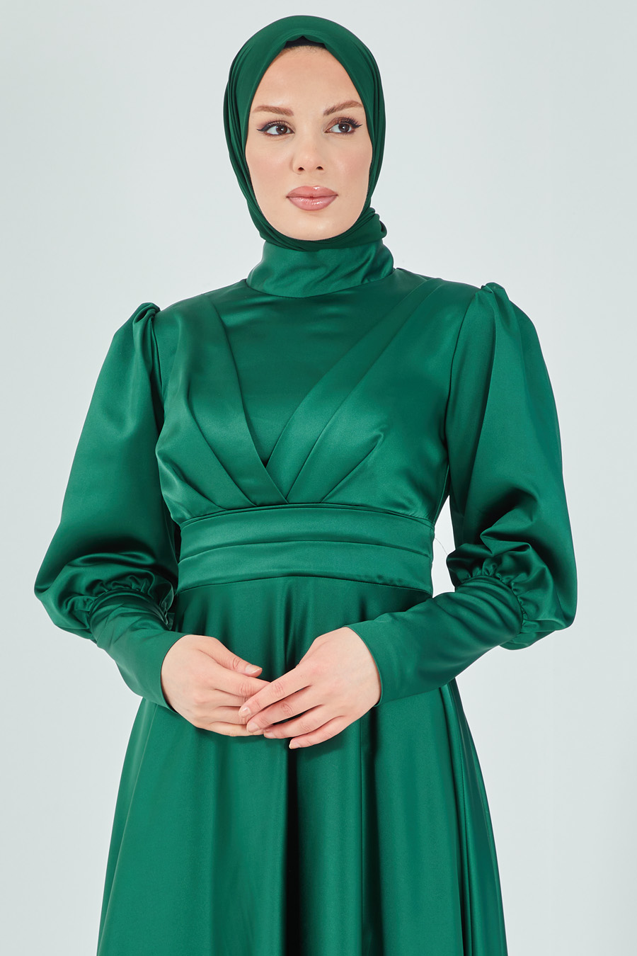 Balon Kol Tesettür Abiye Elbise -Yeşil