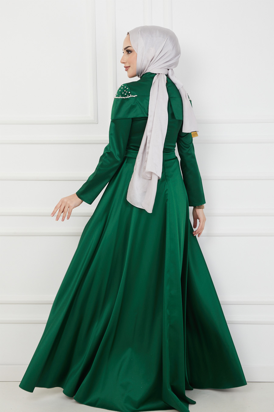 Omuz Detaylı Tesettür Abiye Elbise - Yeşil