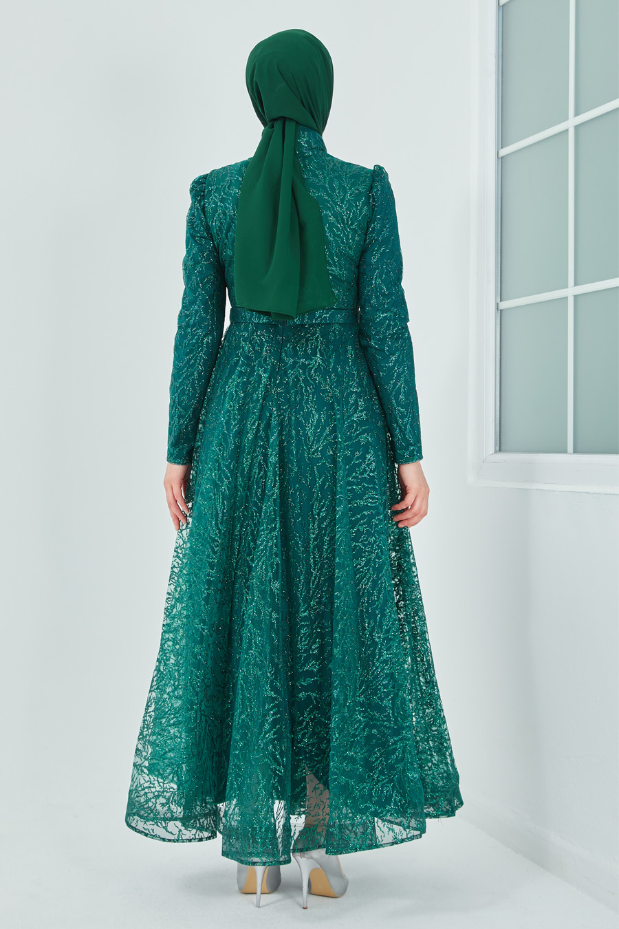 Simli Tesettür Abiye Elbise - Yeşil