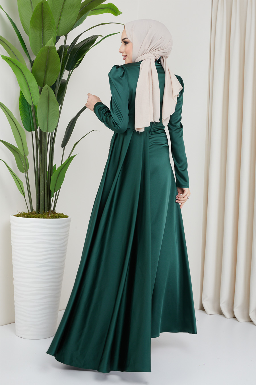 Taş Detaylı Tesettür Abiye Elbise - Yeşil