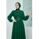Bel Detaylı Tesettür Abiye Elbise - Yeşil