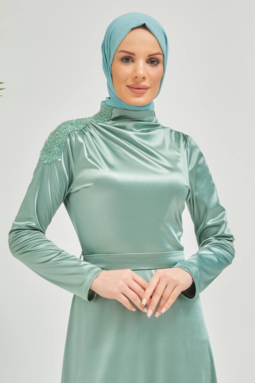 Taş Detaylı Tesettür Abiye Elbise - Çağla Yeşili