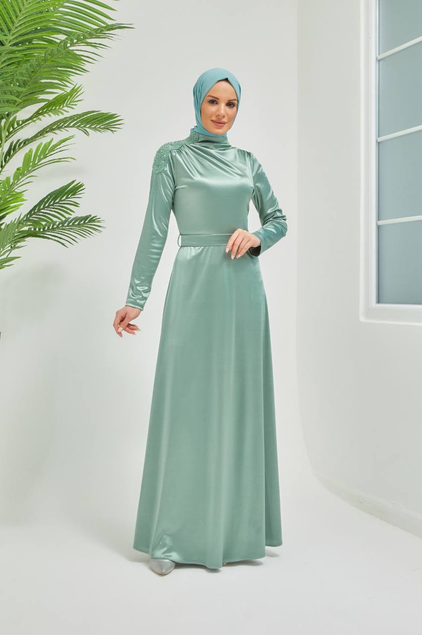 Taş Detaylı Tesettür Abiye Elbise - Çağla Yeşili