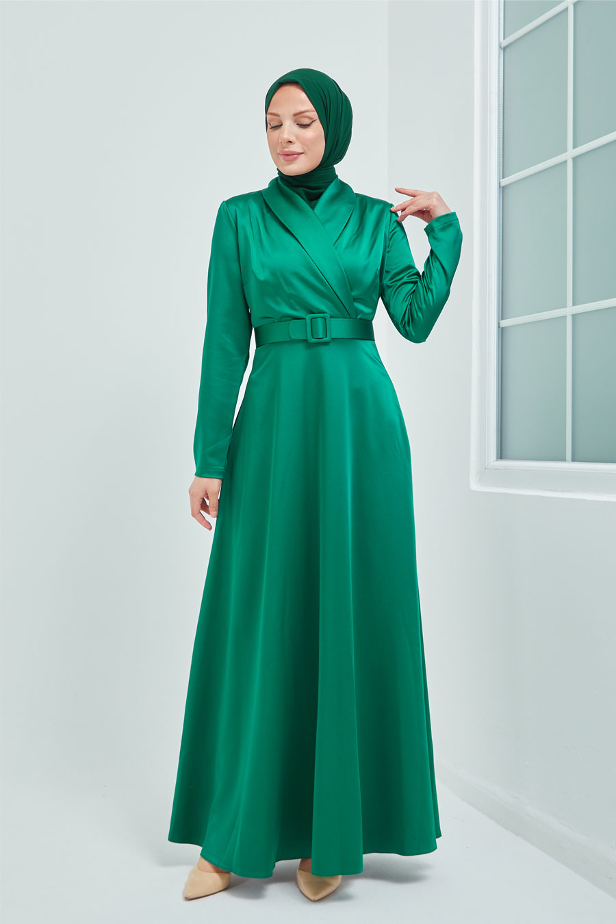 Kemerli Tesettür Abiye Elbise - Yeşil