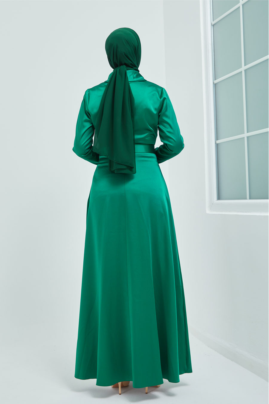 Kemerli Tesettür Abiye Elbise - Yeşil