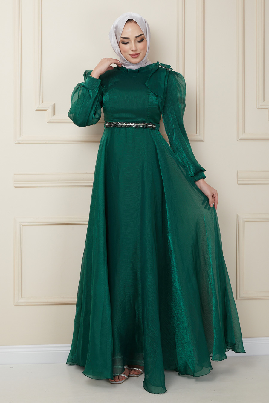 Taş Detaylı Tesettür Abiye Elbise - Yeşil