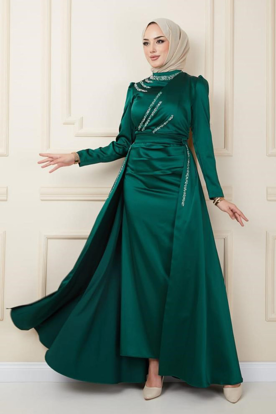 Pelerinli Abiye Elbise - Yeşil