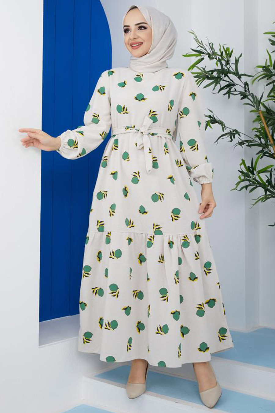 Limon Desenli Tesettür Elbise - Çağla Yeşili
