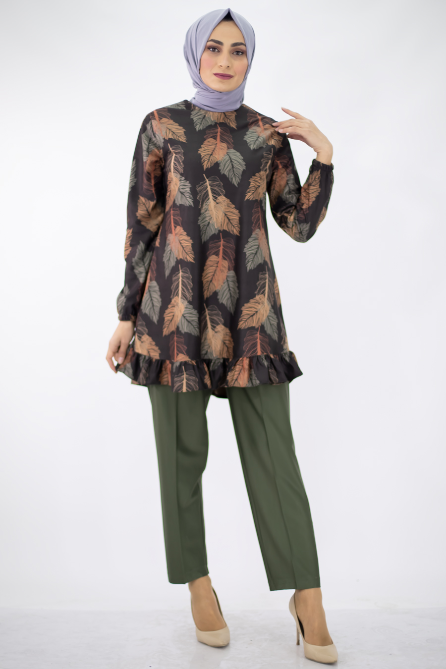 Tunic and Skirt Suit - Khaki Color