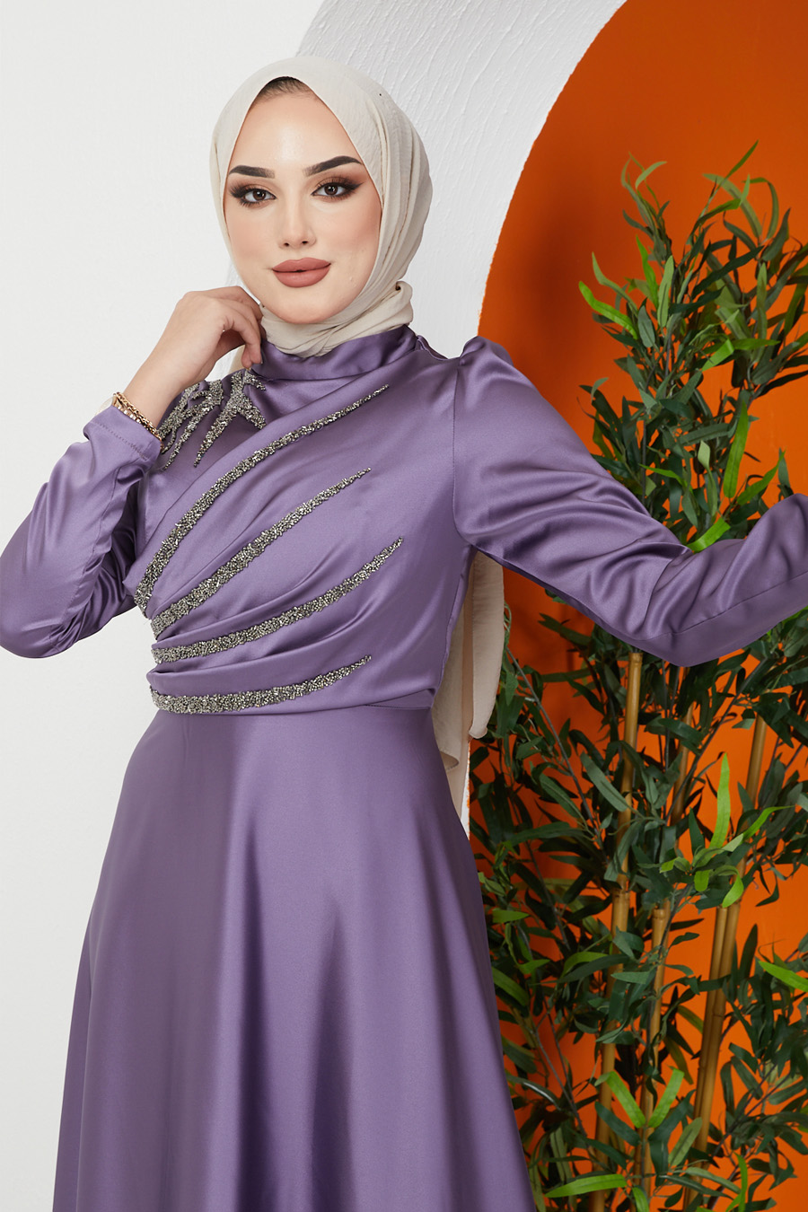Taşlı Tesettür Abiye Elbise - Lila