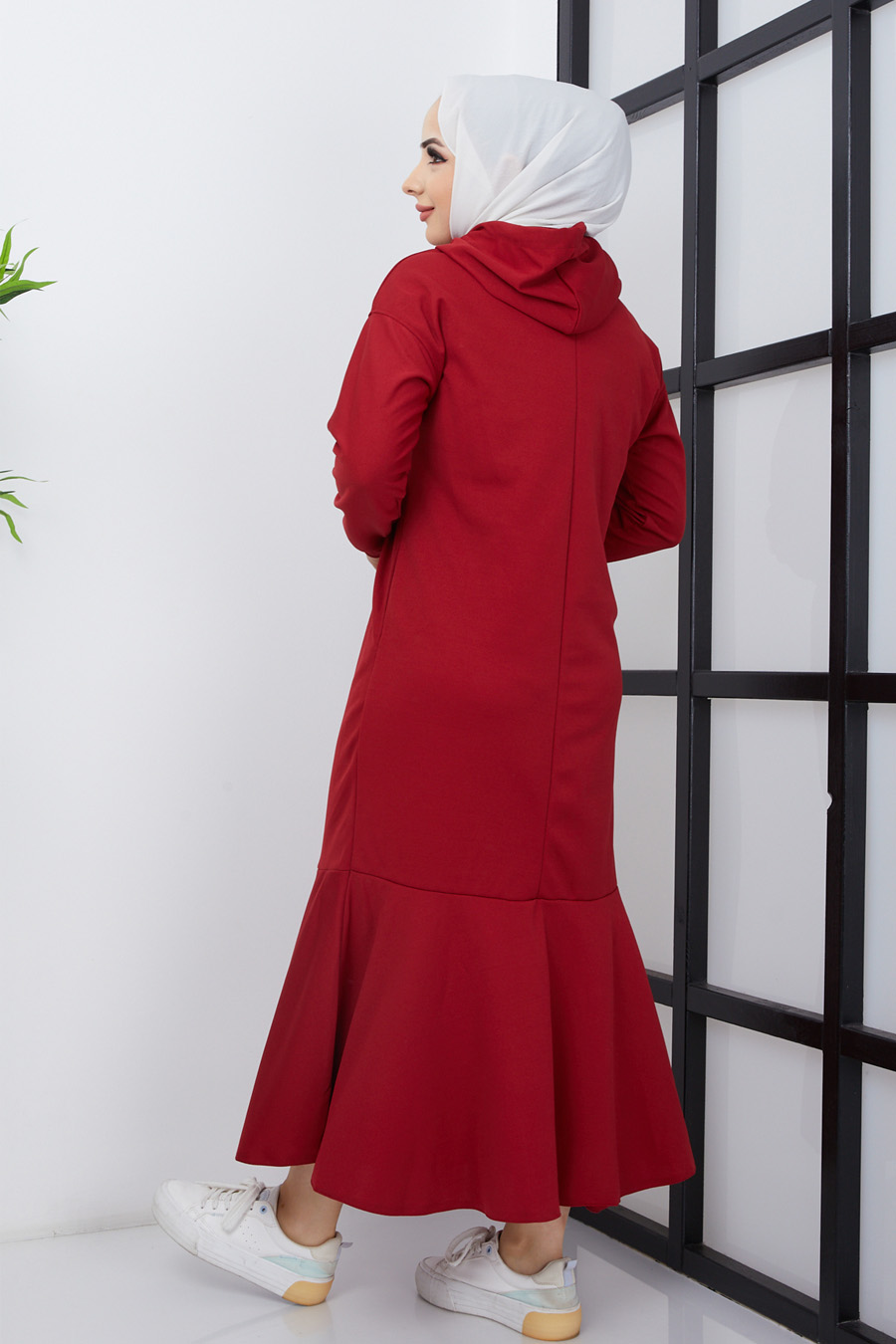 Kapüşonlu Tesettür Elbise -  Kırmızı
