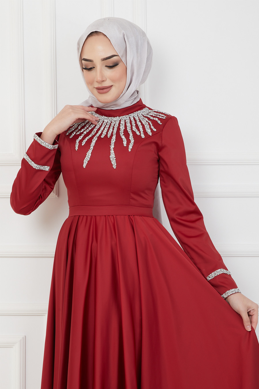 Taş Detaylı Tesettür Abiye Elbise - Kırmızı