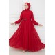 Güpürlü Tesettür Abiye Elbise - Kırmızı