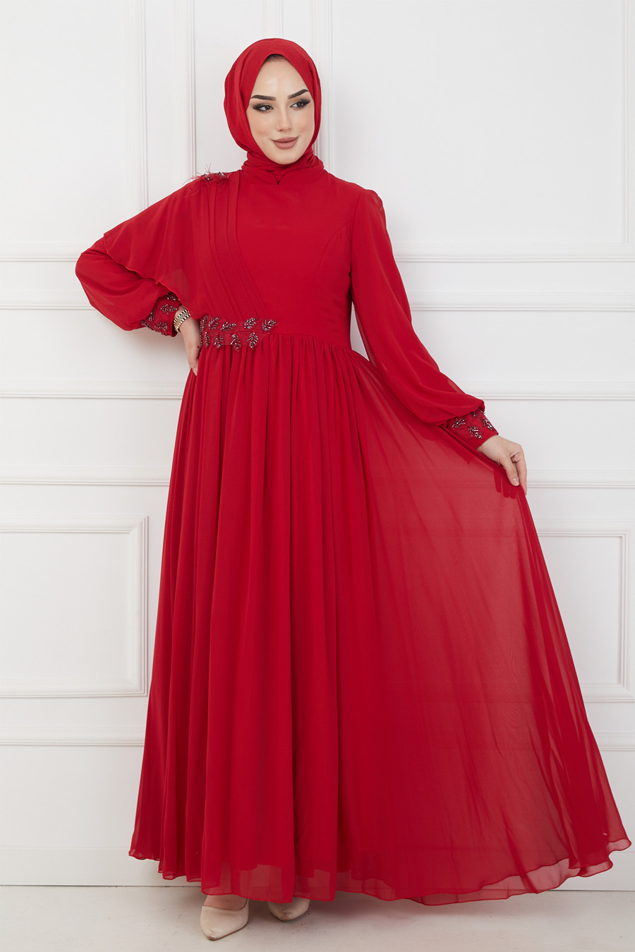 Güpürlü Tesettür Abiye Elbise - Kırmızı