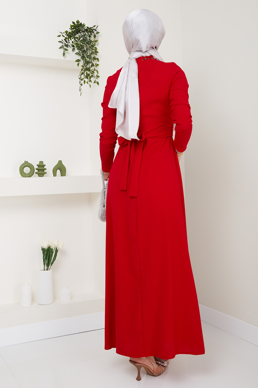 Taşlı Tesettür Abiye Elbise - Kırmızı