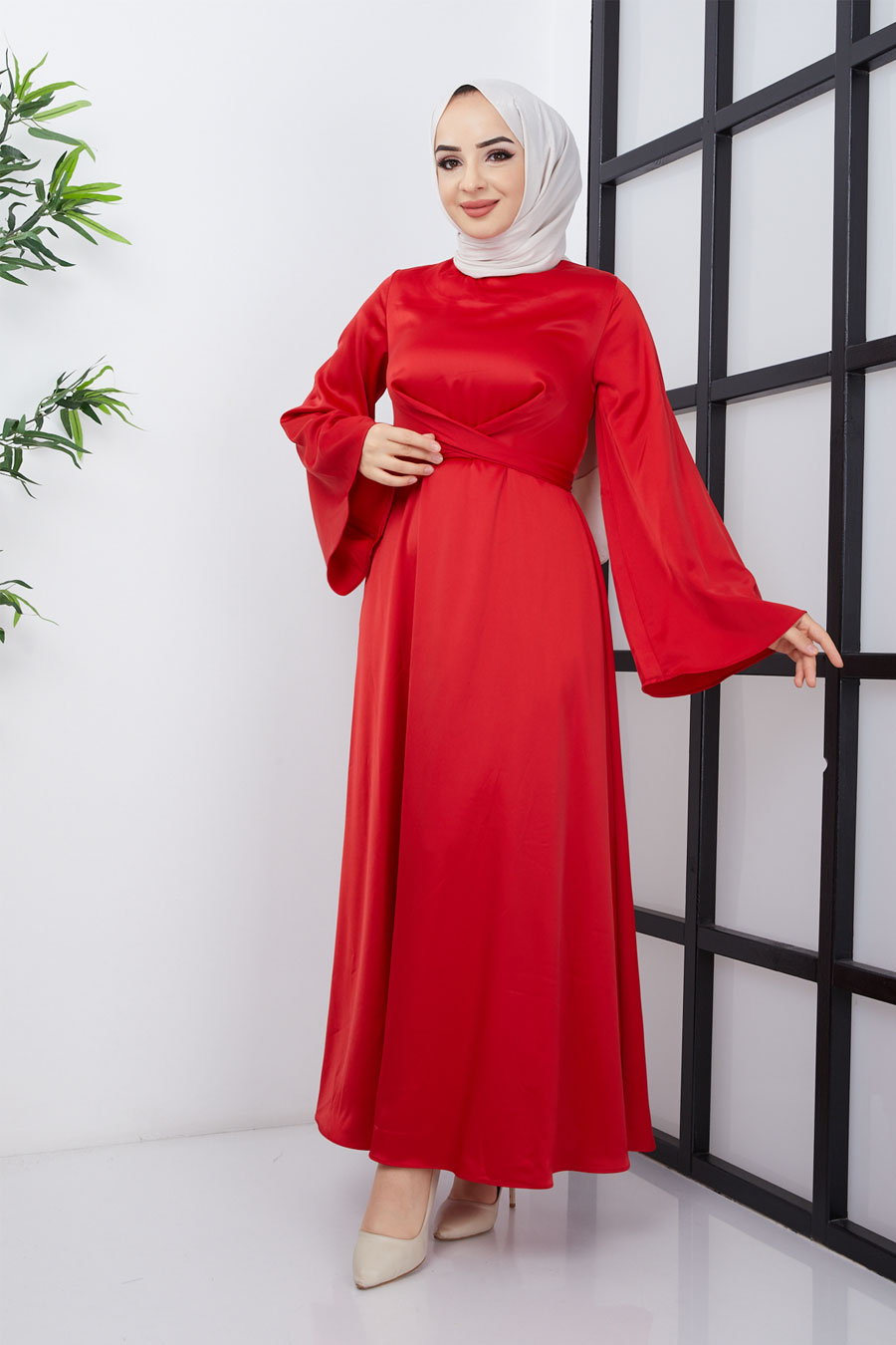 Belden Bağlamalı Tesettür Abiye Elbise - Kırmızı