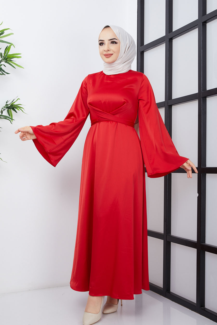Belden Bağlamalı Tesettür Abiye Elbise - Kırmızı