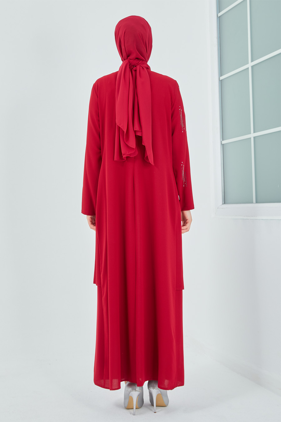 Düz Kesim Tesettür Abiye Elbise - Kırmızı