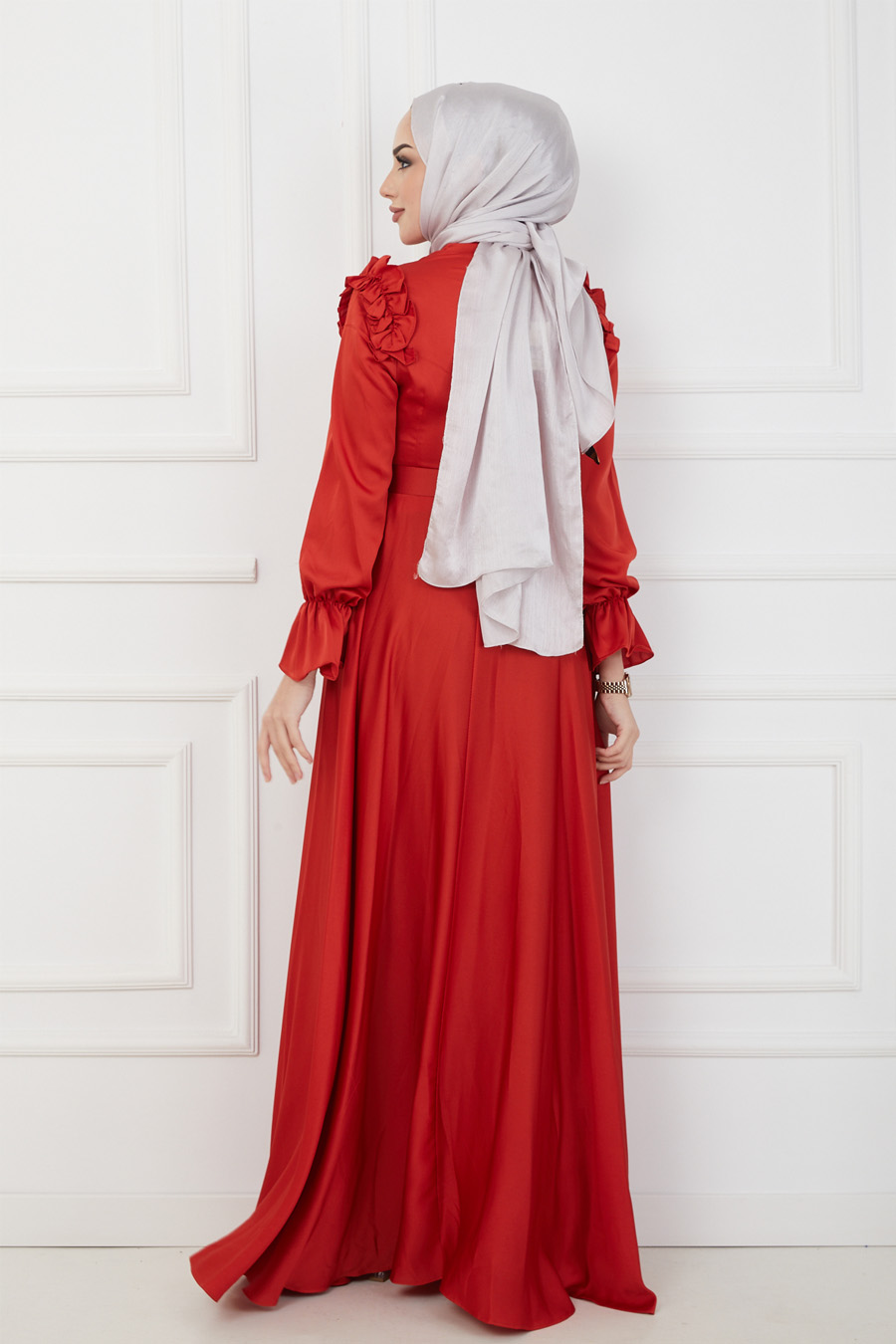 Kemerli Tesettür Abiye Elbise - Kırmızı