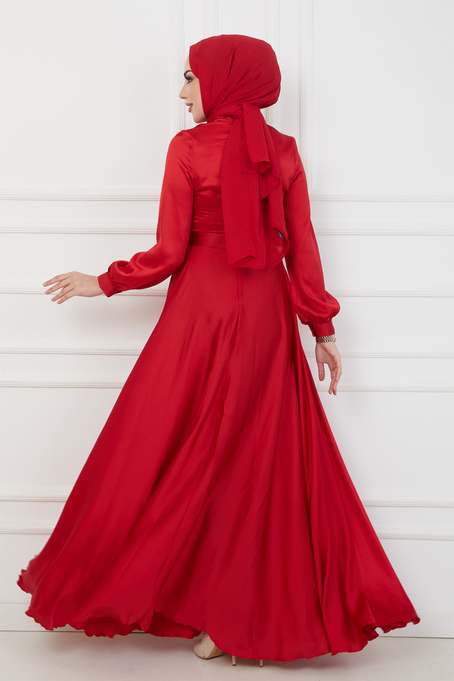 Kemerli Tesettür Abiye Elbise - Kırmızı