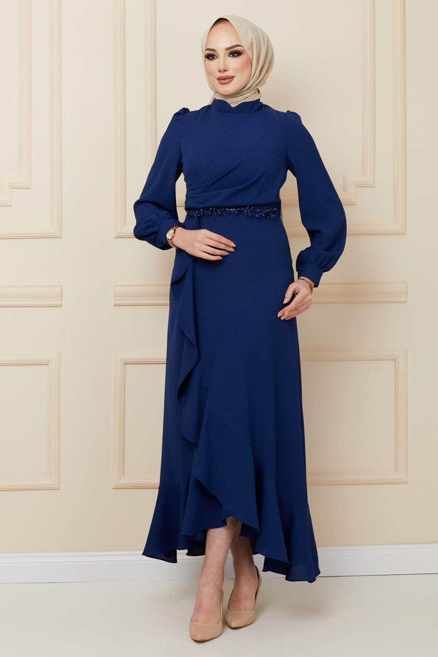 Fırfırlı Tesettür Abiye Elbise - Indıgo Color