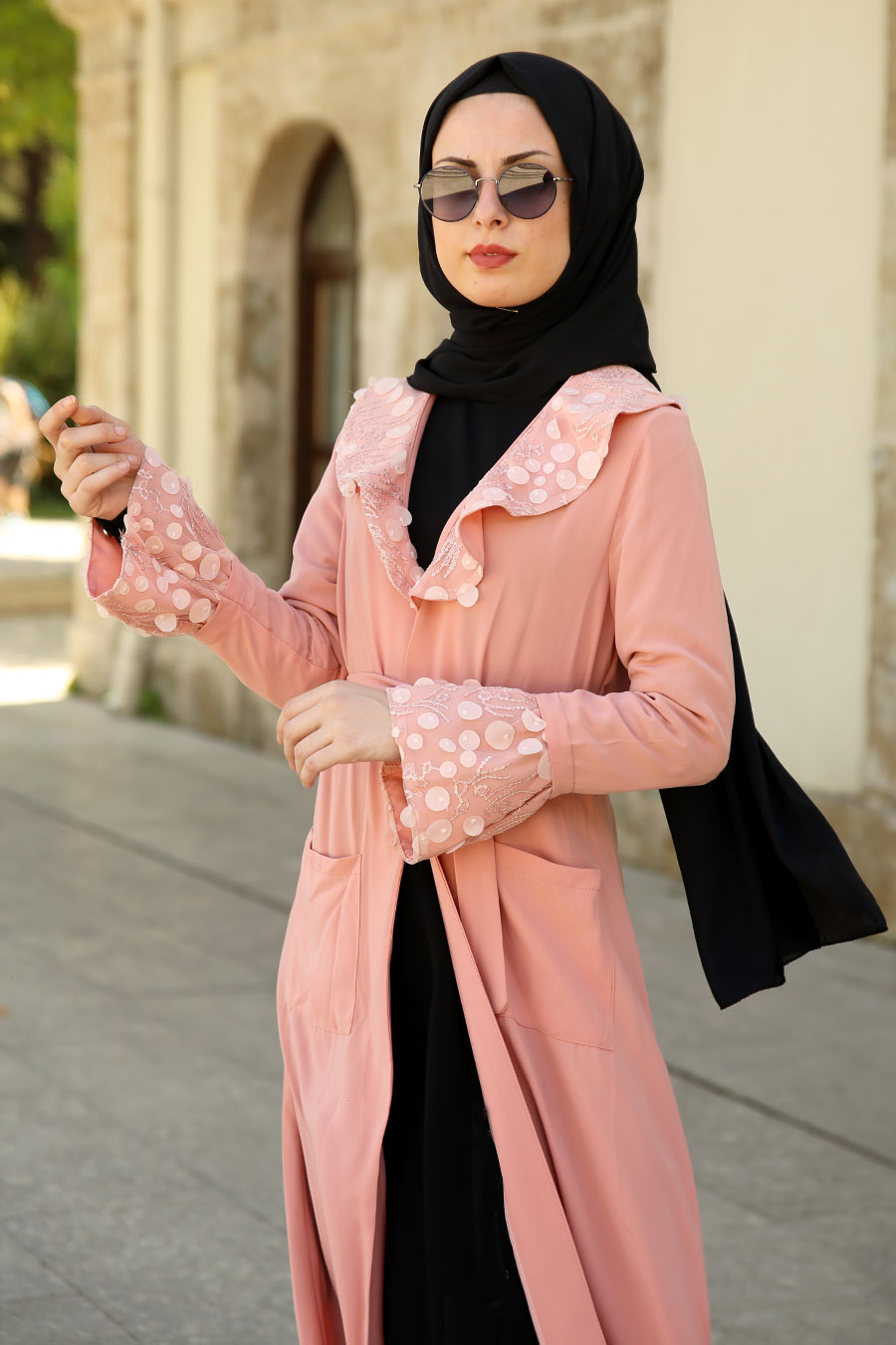 İşlemeli Abaya - Somon