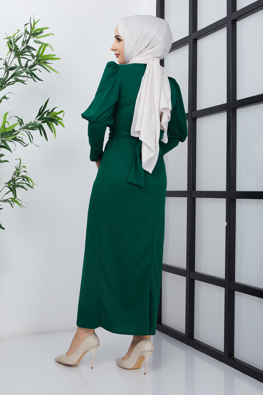 Karpuz Kol Tesettür Elbise - Yeşil