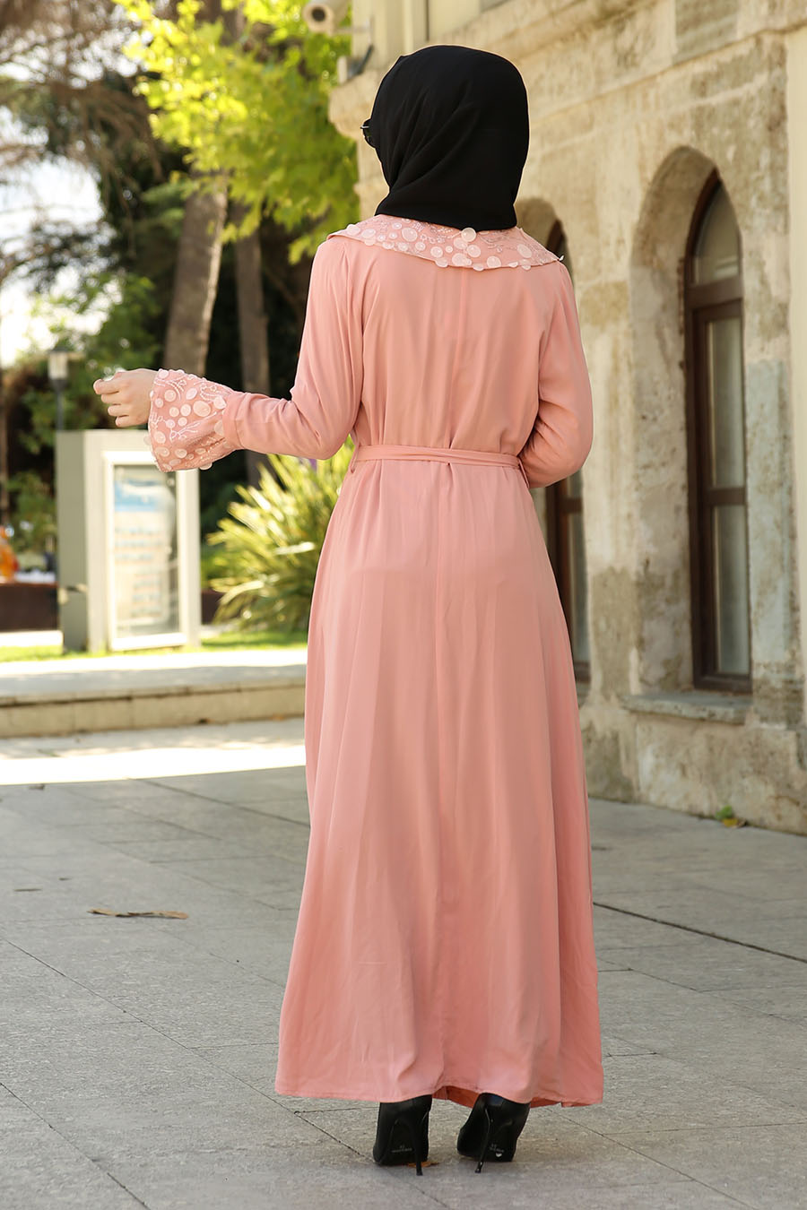 İşlemeli Abaya - Somon