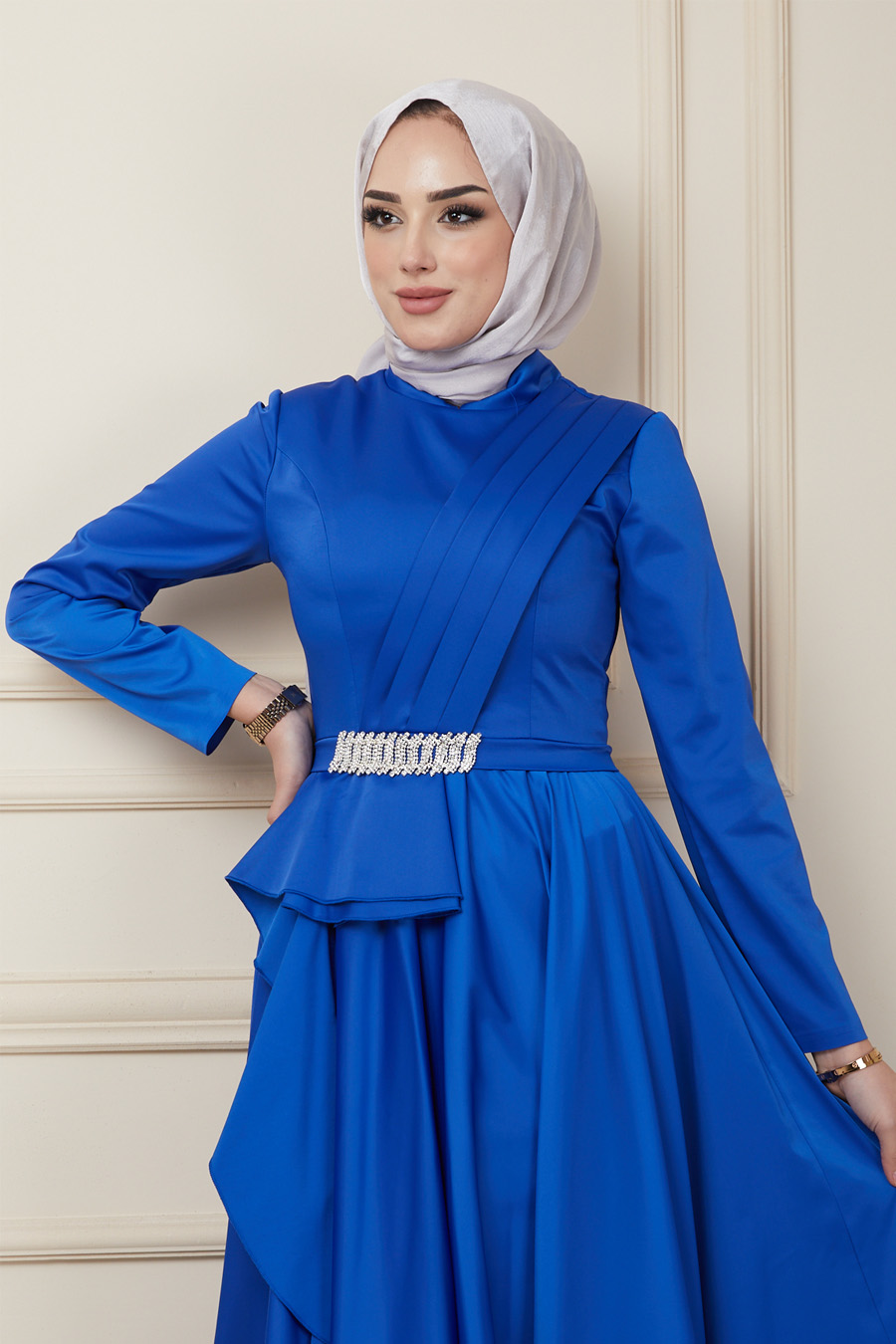 Taş Detaylı Tesettür Abiye Elbise - Saks Mavisi