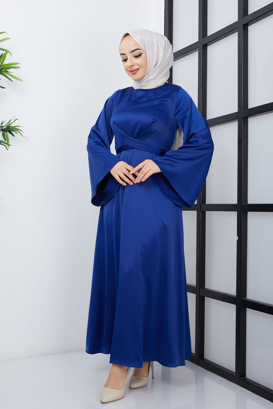 Belden Bağlamalı Tesettür Abiye Elbise - Saks Mavisi