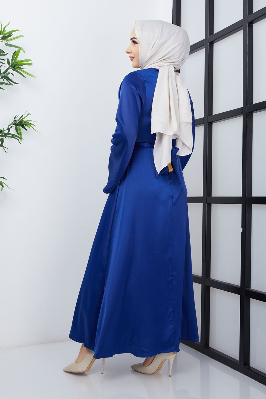 Belden Bağlamalı Tesettür Abiye Elbise - Saks Mavisi
